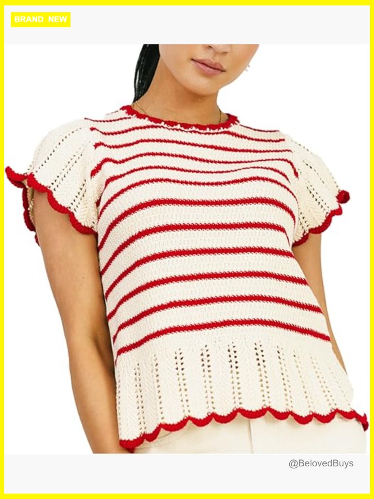 Striped Crochet Cap Sleeve Knit Sweater Vest Ruffle Edge